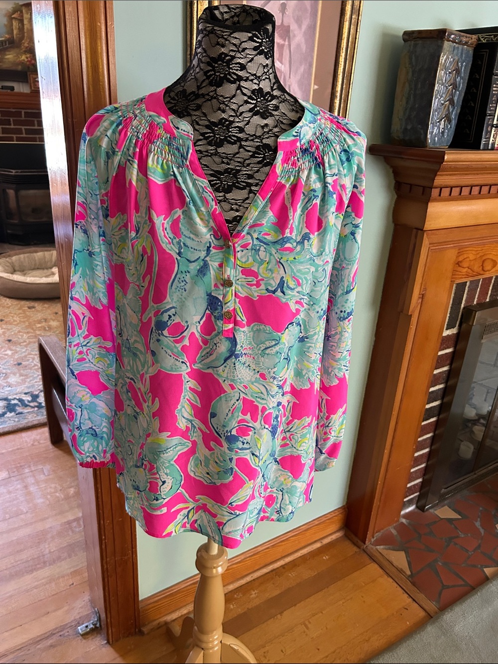 Lilly Pulitzer Pink and Aqua Floral Pullover Blouse